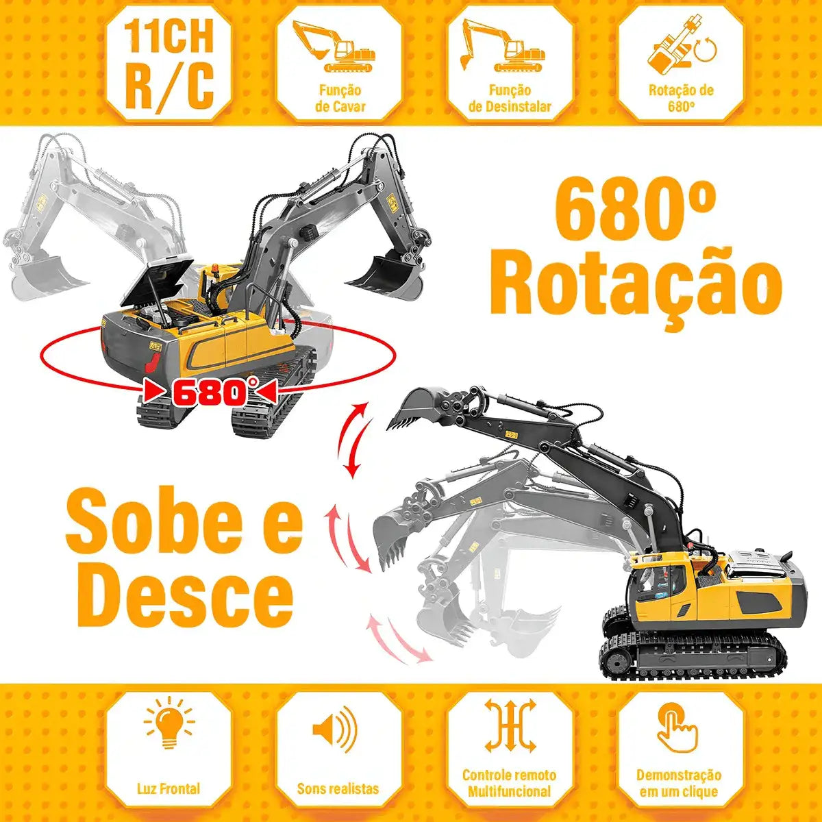 Trator Escavadeira De Controle Remoto Realista RC 11Ch - (FRETE GRÁTIS + BRINDE)