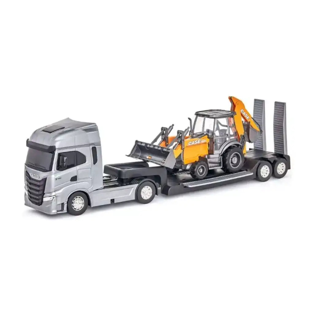 Miniatura Caminhão Iveco S-Way Plataforma c/ Retroescaveira Case